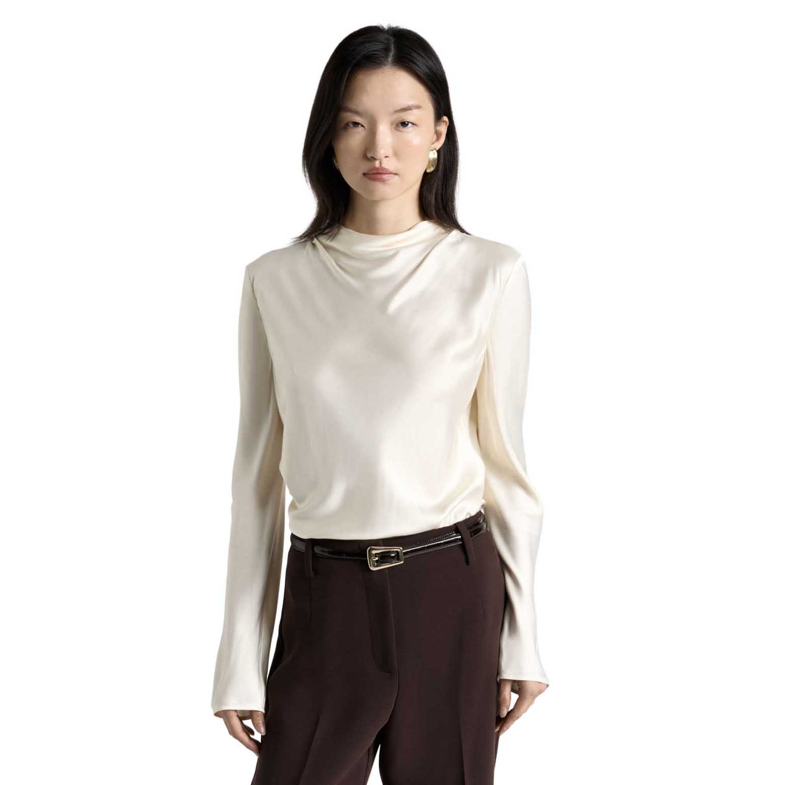 Cue Off White Satin Long Sleeve Top